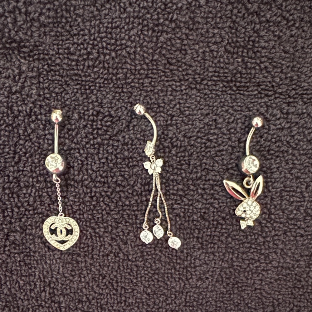 3 Silver Color Crystal Belly Rings - Chanel, butterfly and bunny-Women Jewelry